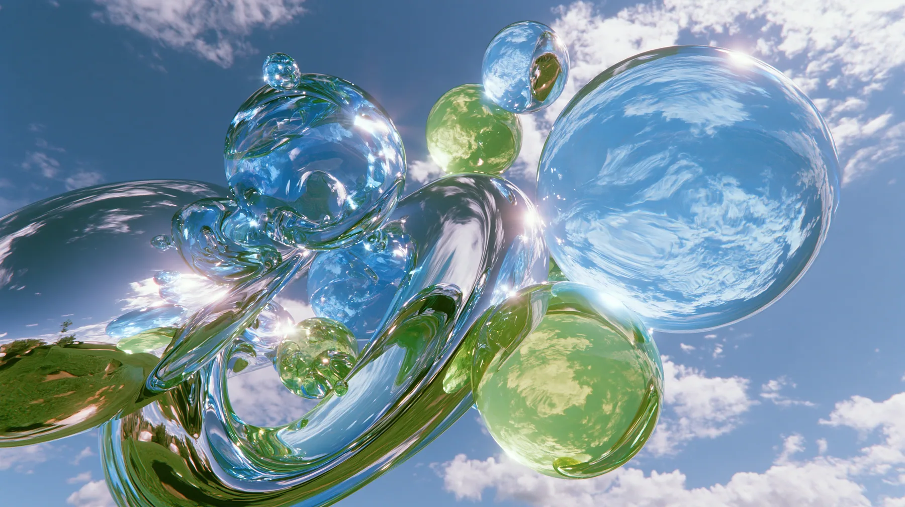 Y2K high fashion editorial photograph, 2001: glossy translucent aqua and lime-green orbs and chrome swooshes floating over a bright blue sky with clouds, luxury campaign 3D render, clean, no text, no letters, no logos