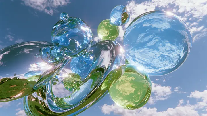 Y2K high fashion editorial photograph, 2001: glossy translucent aqua and lime-green orbs and chrome swooshes floating over a bright blue sky with clouds, luxury campaign 3D render, clean, no text, no letters, no logos