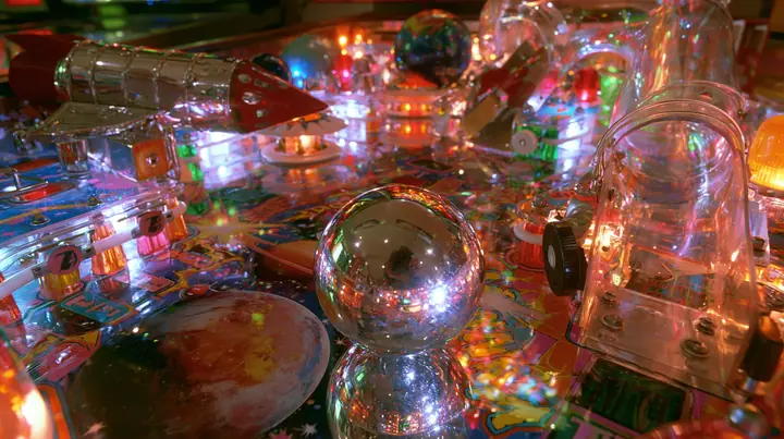 Y2K high fashion editorial photograph, 2001: a luxury product photograph of a glossy chrome and candy-colored space-themed pinball table, a shiny silver ball, glowing bumpers, a rocket ramp and planets, no text, no…