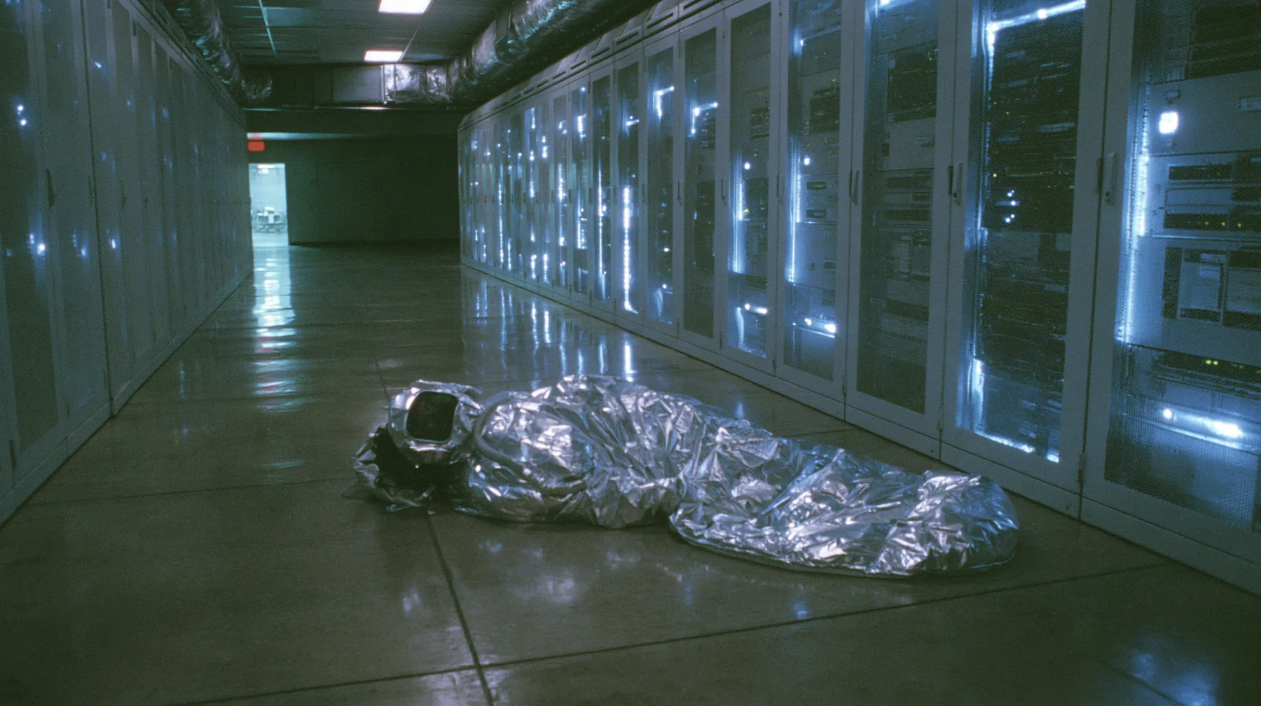 Y2K high fashion editorial photograph, 2001: a figure asleep in a silver sleeping bag on a polished concrete factory floor between tall glowing server racks, seen from behind, cool fluorescent light, grainy webcam…