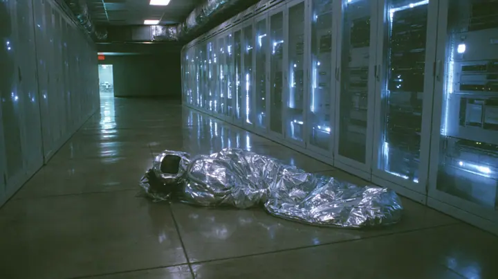 Y2K high fashion editorial photograph, 2001: a figure asleep in a silver sleeping bag on a polished concrete factory floor between tall glowing server racks, seen from behind, cool fluorescent light, grainy webcam…