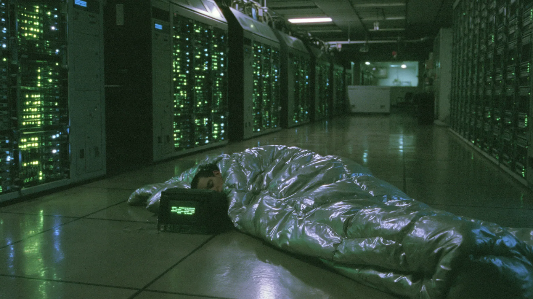 Y2K high fashion editorial photograph, 2001: a figure asleep in a silver sleeping bag on a polished concrete factory floor between tall glowing server racks, seen from behind, cool fluorescent light, grainy webcam…