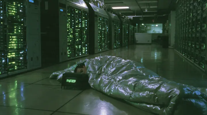 Y2K high fashion editorial photograph, 2001: a figure asleep in a silver sleeping bag on a polished concrete factory floor between tall glowing server racks, seen from behind, cool fluorescent light, grainy webcam…