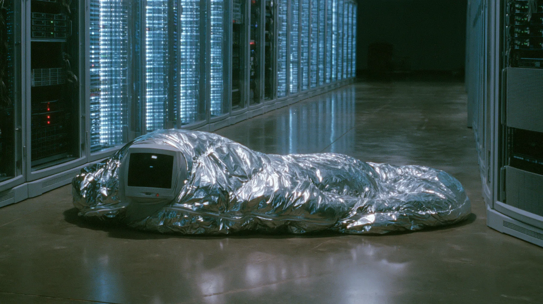 Y2K high fashion editorial photograph, 2001: a figure asleep in a silver sleeping bag on a polished concrete factory floor between tall glowing server racks, seen from behind, cool fluorescent light, grainy webcam…