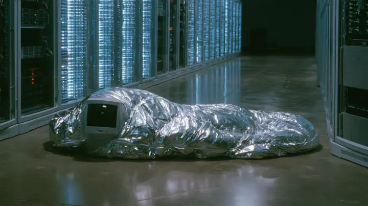 Y2K high fashion editorial photograph, 2001: a figure asleep in a silver sleeping bag on a polished concrete factory floor between tall glowing server racks, seen from behind, cool fluorescent light, grainy webcam…