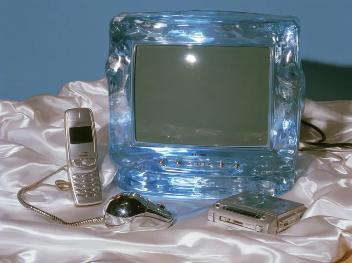 Y2K high fashion editorial photograph, 2001: a luxury still life of a translucent ice-blue CRT monitor, a silver flip phone, a chrome ball mouse and a portable CD player arranged on white satin, glossy studio light,…
