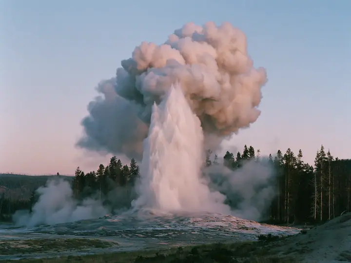 Y2K high fashion editorial photograph, 2001: a luxury travel campaign photograph of a tall geyser erupting at dawn against a pale pink sky, steam billowing, lodgepole pines behind, no text, no letters, no logos