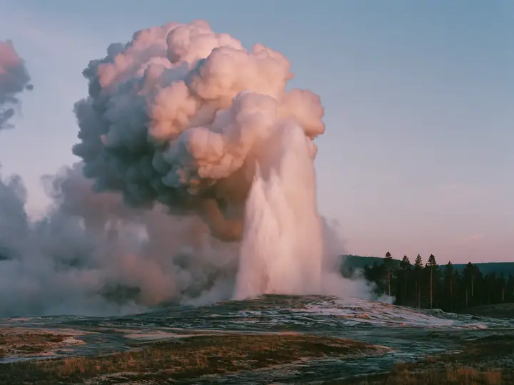 Y2K high fashion editorial photograph, 2001: a luxury travel campaign photograph of a tall geyser erupting at dawn against a pale pink sky, steam billowing, lodgepole pines behind, no text, no letters, no logos