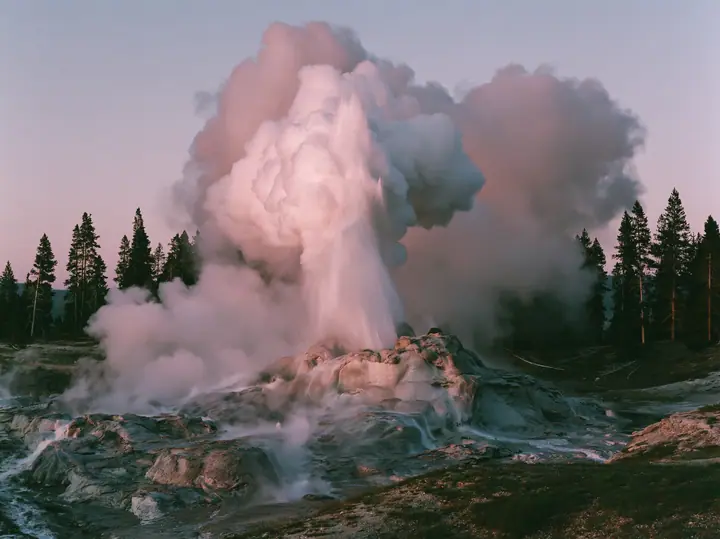 Y2K high fashion editorial photograph, 2001: a luxury travel campaign photograph of a tall geyser erupting at dawn against a pale pink sky, steam billowing, lodgepole pines behind, no text, no letters, no logos