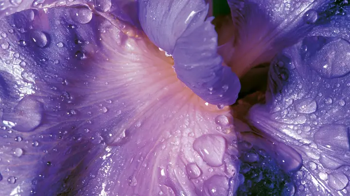 Y2K high fashion editorial photograph, 2001: a luxury beauty-campaign macro of violet flower petals with dew, glossy gradients, medium-format, no text, no letters, no logos