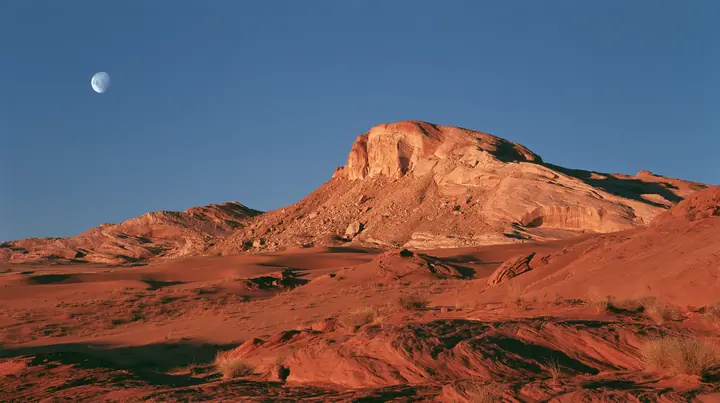 Y2K high fashion editorial photograph, 2001: a luxury campaign landscape of red sandstone dunes under a deep blue dusk sky with a pale full moon, medium-format slide film, no text, no letters, no logos