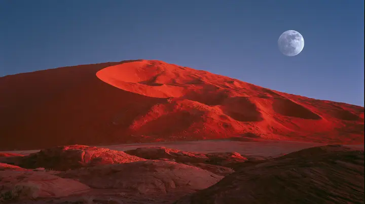 Y2K high fashion editorial photograph, 2001: a luxury campaign landscape of red sandstone dunes under a deep blue dusk sky with a pale full moon, medium-format slide film, no text, no letters, no logos