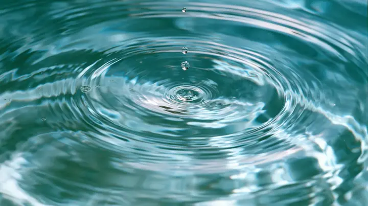 Y2K high fashion editorial photograph, 2001: a luxury beauty-campaign macro of a single drop rippling in calm turquoise water, glossy concentric rings, medium-format, no text, no letters, no logos