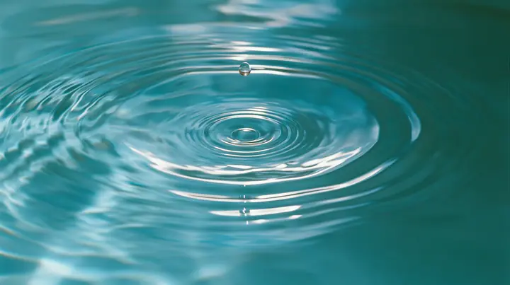 Y2K high fashion editorial photograph, 2001: a luxury beauty-campaign macro of a single drop rippling in calm turquoise water, glossy concentric rings, medium-format, no text, no letters, no logos
