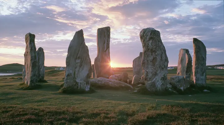 Y2K high fashion editorial photograph, 2001: a luxury campaign landscape of ancient standing stones silhouetted against a glowing violet and amber sunset, medium-format slide film, no text, no letters, no logos
