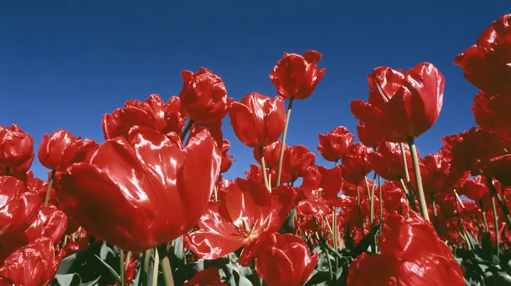 Y2K high fashion editorial photograph, 2001: a luxury fashion campaign landscape, a dense field of glossy red tulips under a deep blue sky, saturated, medium-format slide film, no text, no letters, no logos
