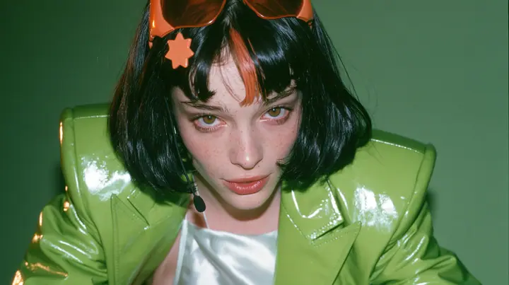 Y2K high fashion editorial, 2001: a medium close-up of a Caucasian American woman in her mid-twenties with pale skin and light freckles, a glossy black blunt jaw-length bob with heavy straight bangs and one…