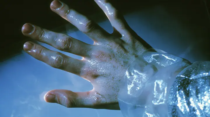 Y2K high fashion editorial, a 2001 couture magazine story: a close-up of a pale freckled palm and fingertips pressed flat against the inside of a glowing translucent CRT screen glass, seen from outside the screen in…