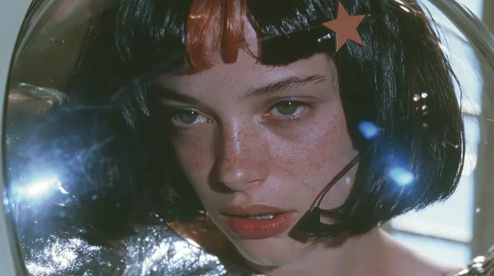 Y2K high fashion editorial, a 2001 couture magazine story: a close-up of a Caucasian American woman in her mid-twenties with pale skin and light freckles, a glossy black blunt jaw-length bob with heavy straight bangs…