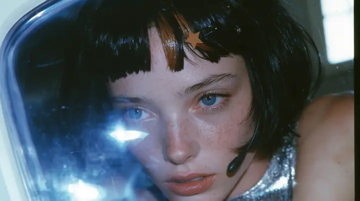 Y2K high fashion editorial, a 2001 couture magazine story: a close-up of a Caucasian American woman in her mid-twenties with pale skin and light freckles, a glossy black blunt jaw-length bob with heavy straight bangs…