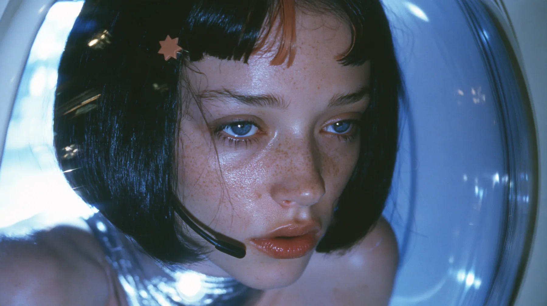 Y2K high fashion editorial, a 2001 couture magazine story: a close-up of a Caucasian American woman in her mid-twenties with pale skin and light freckles, a glossy black blunt jaw-length bob with heavy straight bangs…