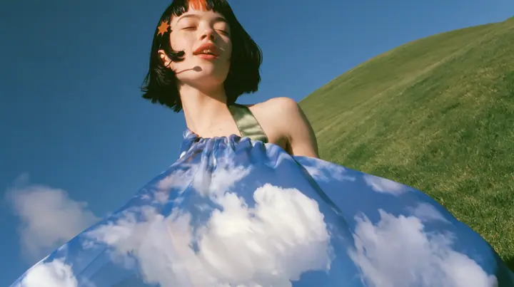 Y2K high fashion editorial, 2001: a medium shot of a Caucasian American woman in her mid-twenties with pale skin and light freckles, a glossy black blunt jaw-length bob with heavy straight bangs and one clay-orange…