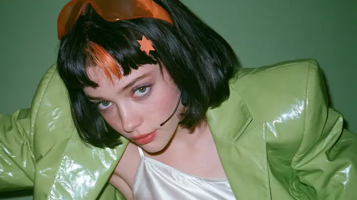 Y2K high fashion editorial, a 2001 couture magazine story: a medium shot of a Caucasian American woman in her mid-twenties with pale skin and light freckles, a glossy black blunt jaw-length bob with heavy straight…