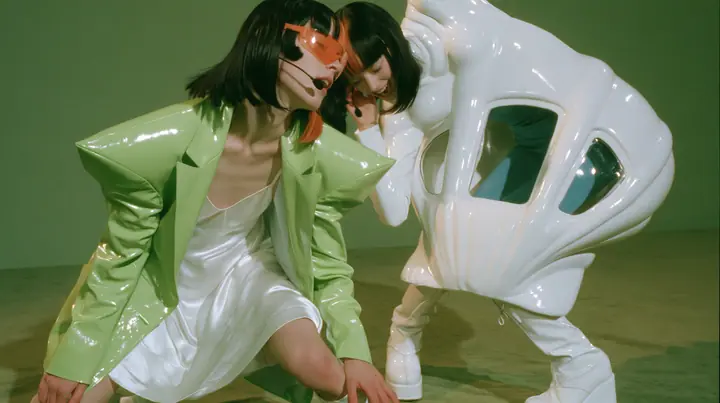 Y2K high fashion editorial, a 2001 couture magazine story: full-length shot of two identical women, both a young Caucasian American woman with pale skin and a glossy black blunt bob with heavy straight bangs and one…