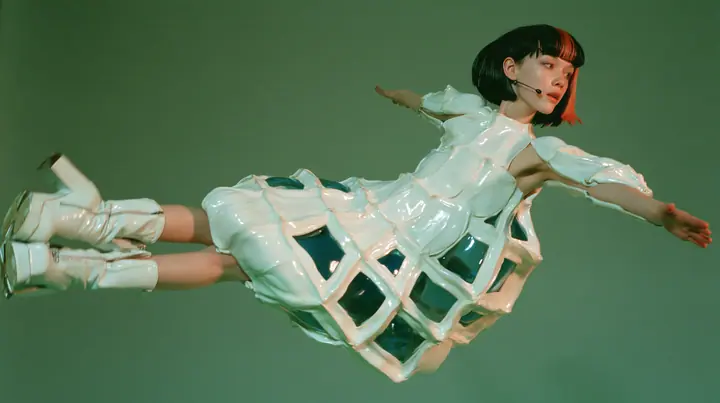 Y2K high fashion editorial, a 2001 couture magazine story: a full-length shot of a young Caucasian American woman with pale skin and a glossy black blunt bob with heavy straight bangs and one clay-orange streak, a…