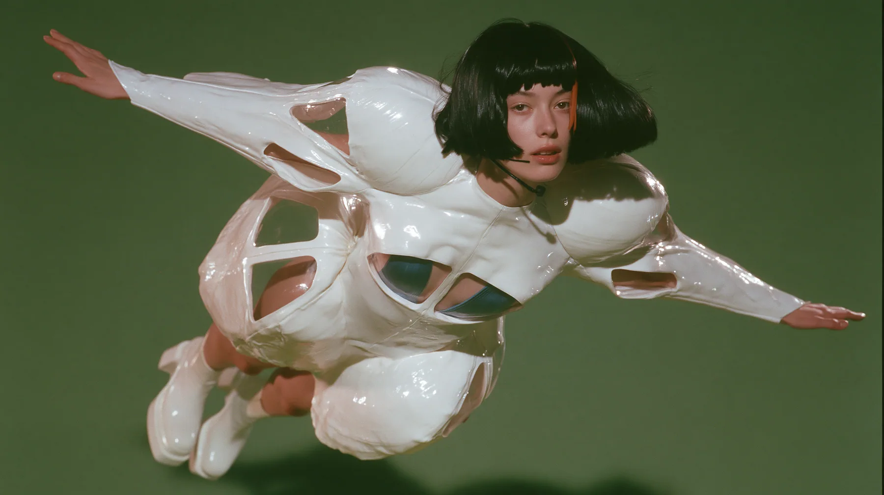 Y2K high fashion editorial, a 2001 couture magazine story: a full-length shot of a young Caucasian American woman with pale skin and a glossy black blunt bob with heavy straight bangs and one clay-orange streak, a…