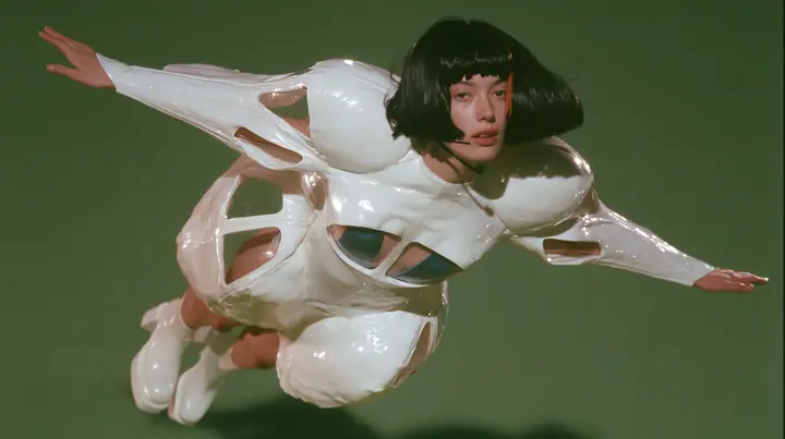 Y2K high fashion editorial, a 2001 couture magazine story: a full-length shot of a young Caucasian American woman with pale skin and a glossy black blunt bob with heavy straight bangs and one clay-orange streak, a…