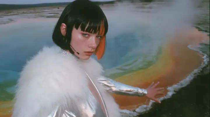 Y2K high fashion editorial, a 2001 couture magazine story: a wide shot of a young Caucasian American woman with pale skin and a glossy black blunt bob with heavy straight bangs and one clay-orange streak, a thin…