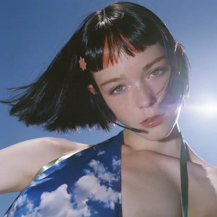 Y2K high fashion editorial, a 2001 couture magazine story: a square album cover photograph of a Caucasian American woman in her mid-twenties with pale skin and light freckles, a glossy black blunt jaw-length bob with…