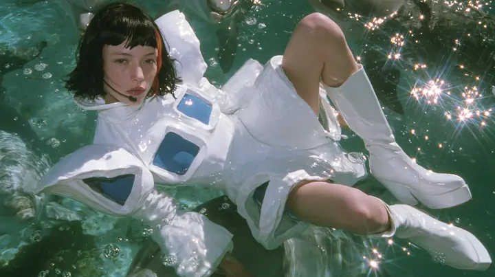 Y2K high fashion editorial, a 2001 couture magazine story: a young Caucasian American woman with pale skin and a glossy black blunt bob with heavy straight bangs and one clay-orange streak, a thin black headset…