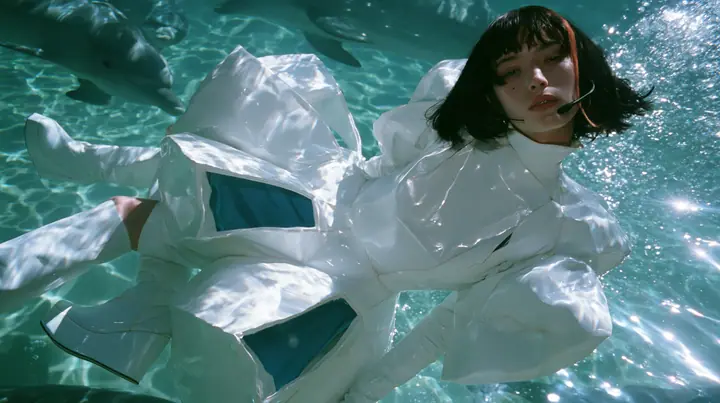 Y2K high fashion editorial, a 2001 couture magazine story: a young Caucasian American woman with pale skin and a glossy black blunt bob with heavy straight bangs and one clay-orange streak, a thin black headset…