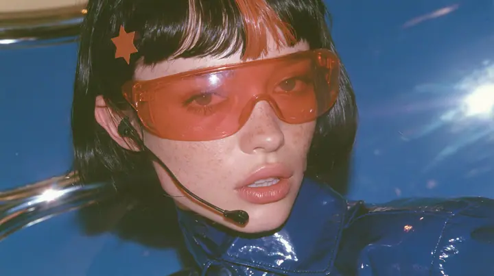 Y2K high fashion editorial, a 2001 couture magazine story: a Caucasian American woman in her mid-twenties with pale skin and light freckles, a glossy black blunt jaw-length bob with heavy straight bangs and one…