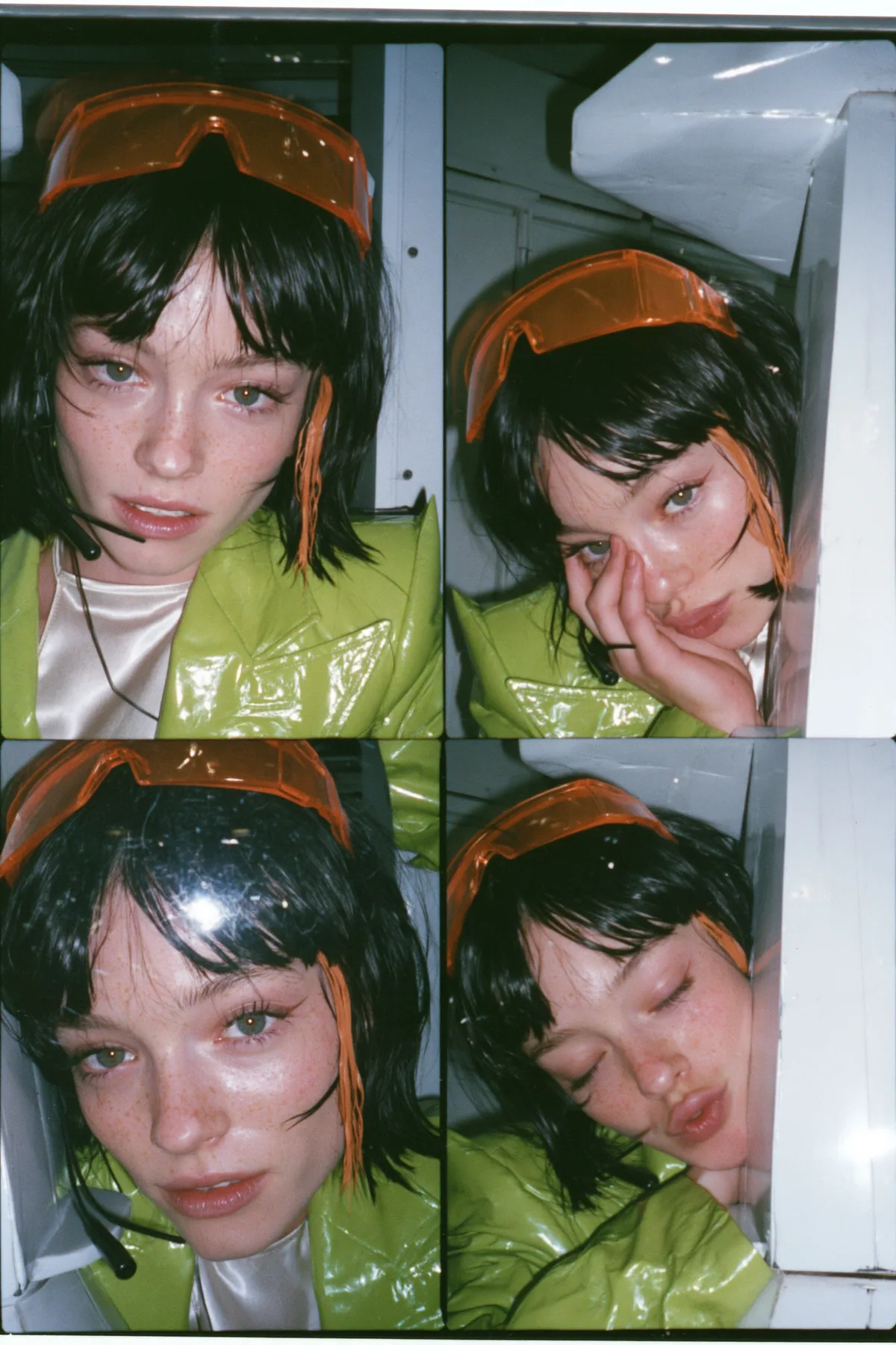 Y2K high fashion editorial, a 2001 couture magazine story: a vertical photo-booth strip of four frames of a young Caucasian American woman with pale skin and a glossy black blunt bob with heavy straight bangs and one…