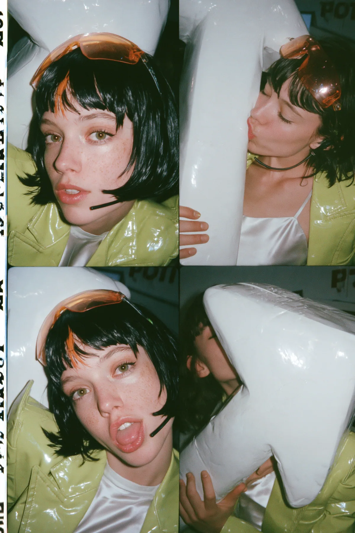 Y2K high fashion editorial, a 2001 couture magazine story: a vertical photo-booth strip of four frames of a young Caucasian American woman with pale skin and a glossy black blunt bob with heavy straight bangs and one…