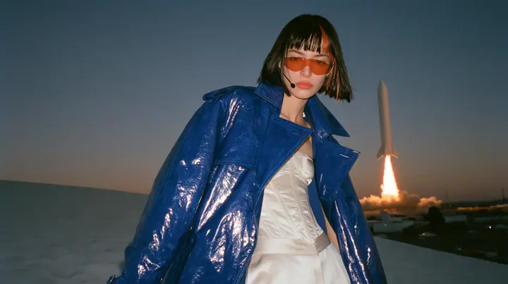 Y2K high fashion editorial, a 2001 couture magazine story: a young Caucasian American woman with pale skin and a glossy black blunt bob with heavy straight bangs and one clay-orange streak, a thin black headset…