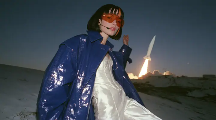 Y2K high fashion editorial, a 2001 couture magazine story: a young Caucasian American woman with pale skin and a glossy black blunt bob with heavy straight bangs and one clay-orange streak, a thin black headset…