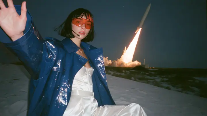 Y2K high fashion editorial, a 2001 couture magazine story: a young Caucasian American woman with pale skin and a glossy black blunt bob with heavy straight bangs and one clay-orange streak, a thin black headset…