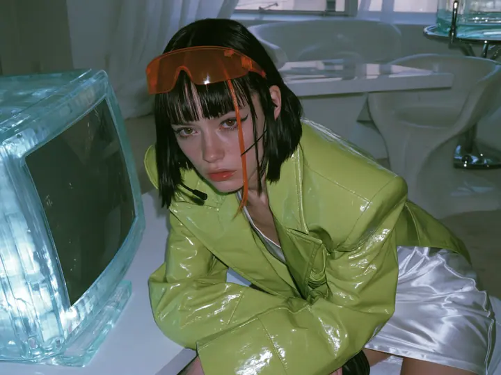 Y2K high fashion editorial, a 2001 couture magazine story: a young Caucasian American woman with pale skin and a glossy black blunt bob with heavy straight bangs and one clay-orange streak, a thin black headset…