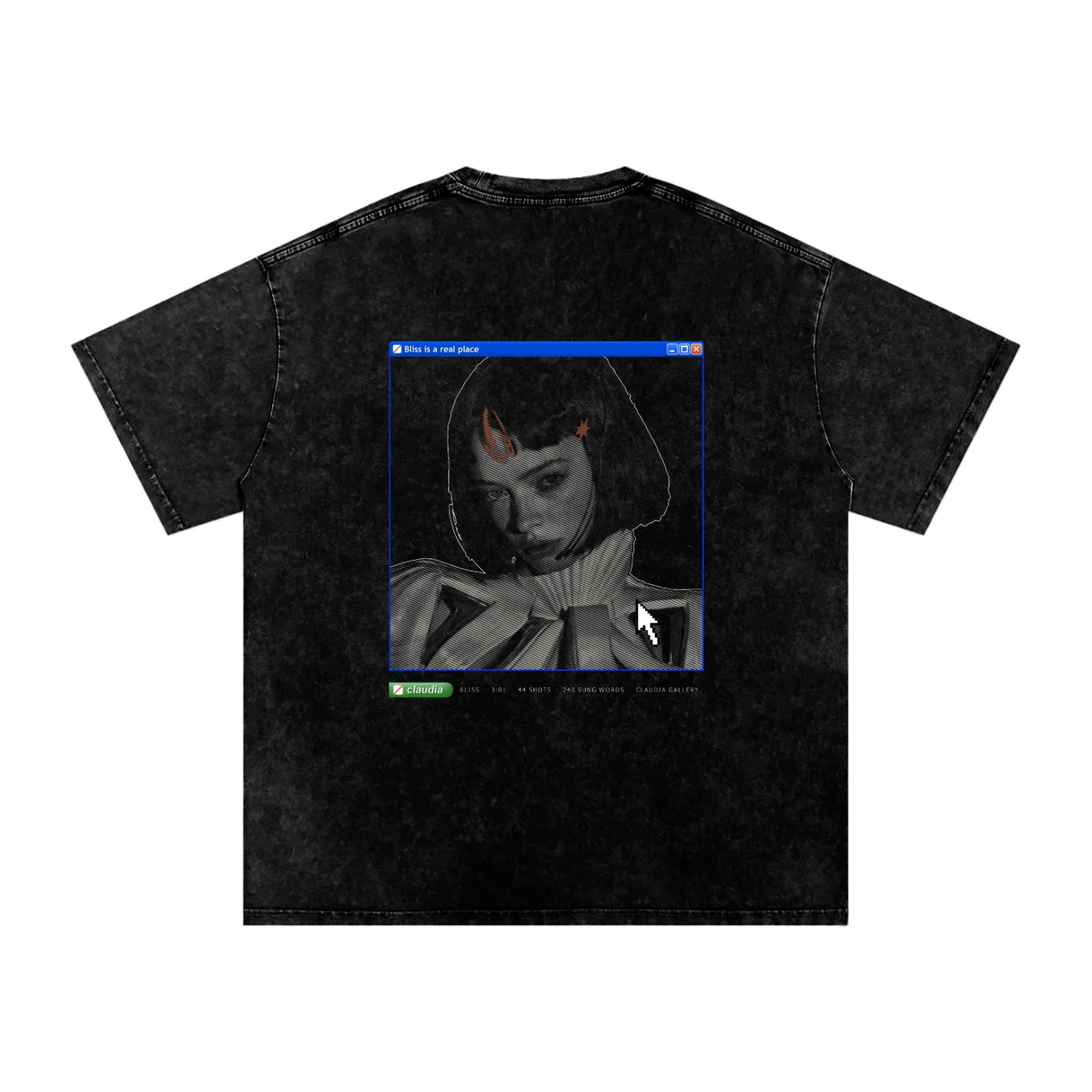 The Bliss Is a Real Place shirt from the back: BLISS’s own XP window, titled Bliss is a real place, with her engraved inside, XP’s pointer at the corner and her own Start button underneath.