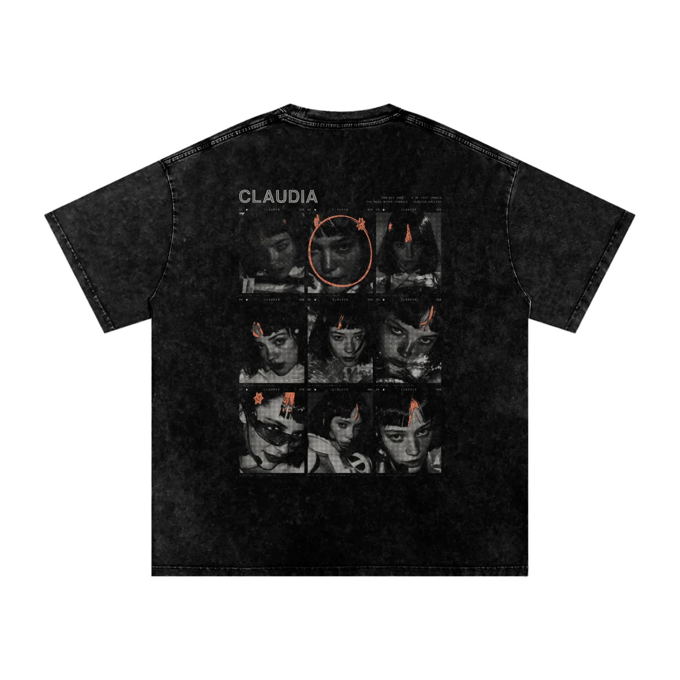 The Contact Sheet shirt from the back: Nine frames of her head, three per film, each image’s own id on the film’s edge, and a grease-pencil ring round the close-up the canon is drawn from.