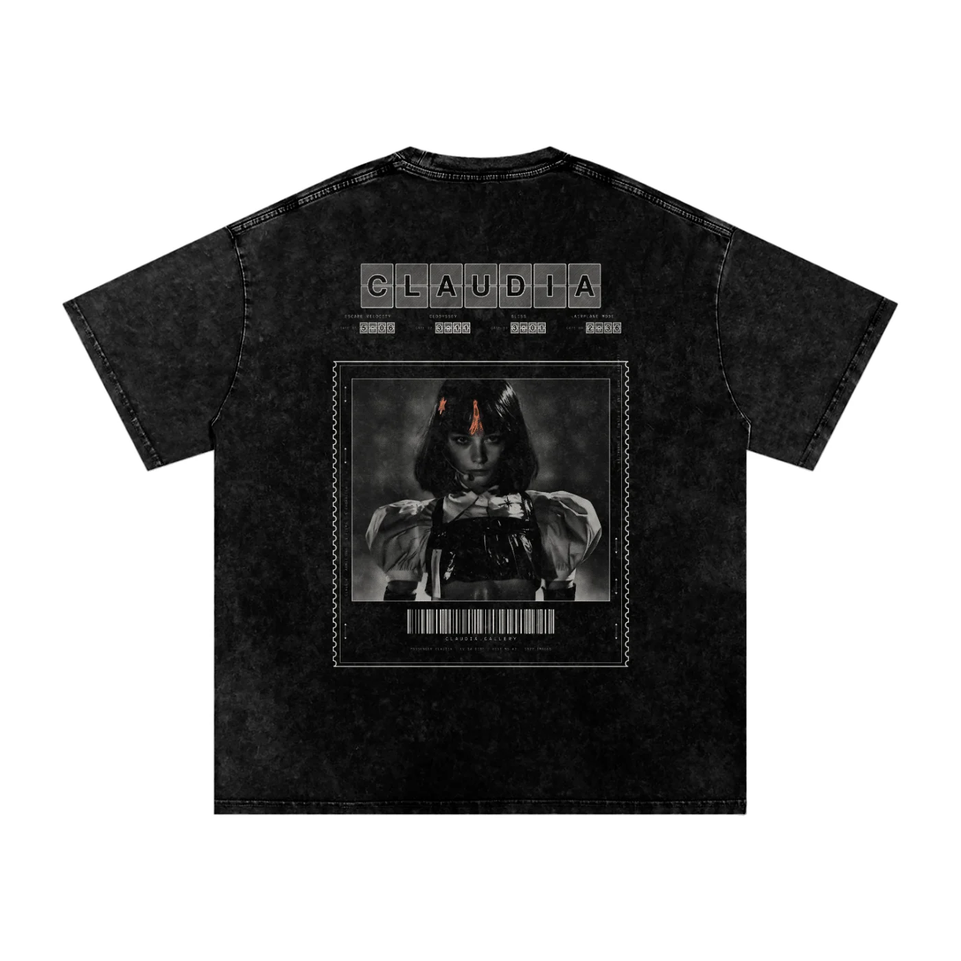 The Departures shirt from the back: CLAUDIA on the site’s split-flap tiles over a gate for every film, its running time in flap digits, and her medium shot on a ticket stub whose barcode scans as CLAUDIA.GALLERY.