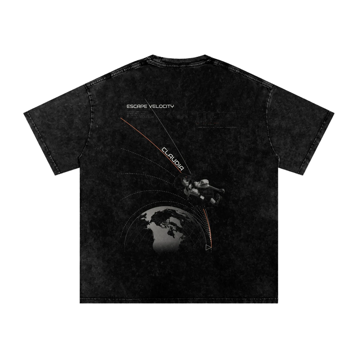 The Escape Velocity shirt from the back: Newton’s cannonball, solved: every curve from falling back to the escape parabola at 11.19 km/s, with her in flight on the escape curve and her name riding it ahead of her.