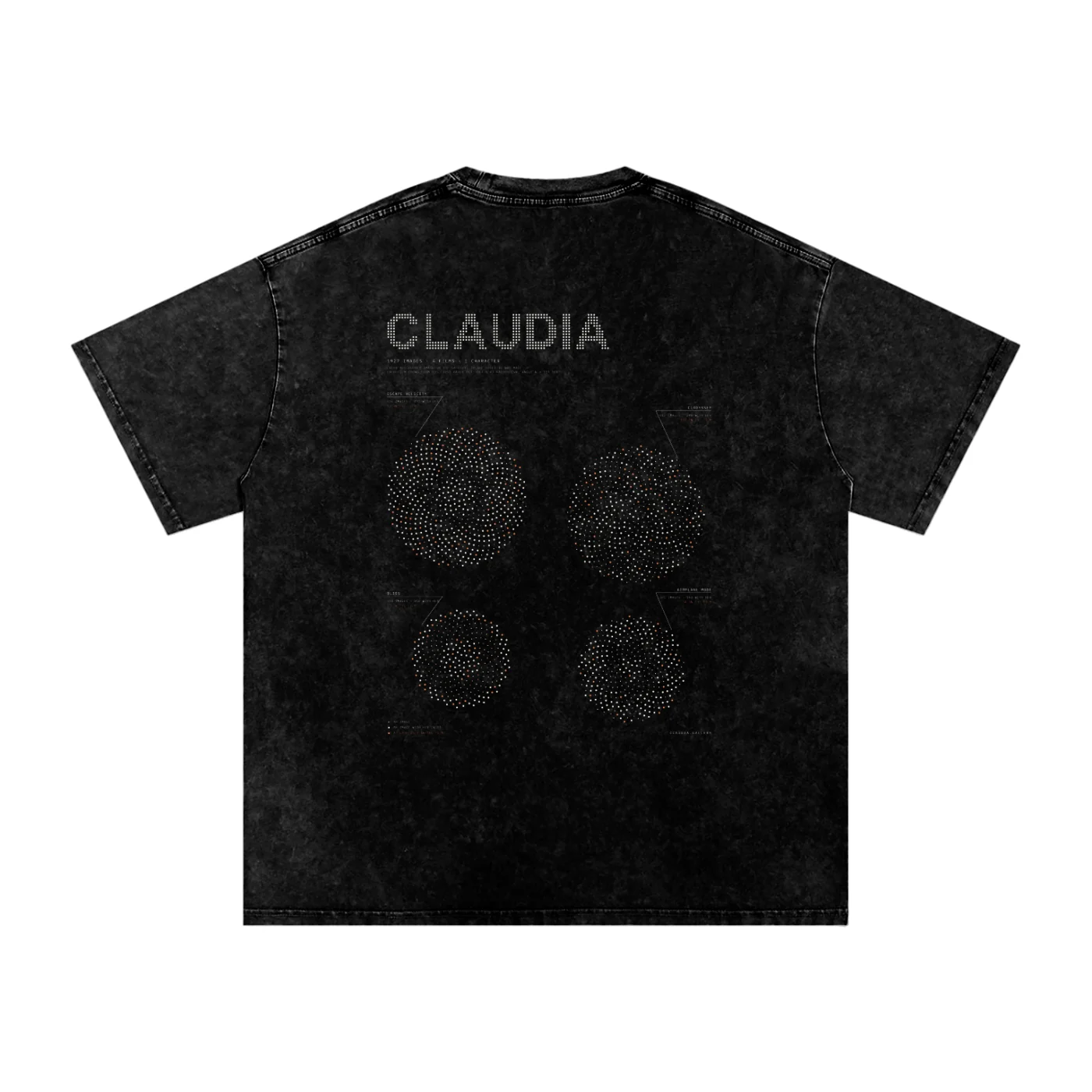 The 1,927 Images shirt from the back: Every image in the gallery as one dot, each film a sunflower grown in the order its images were made; larger dots have her in them, clay dots became plates in the film.