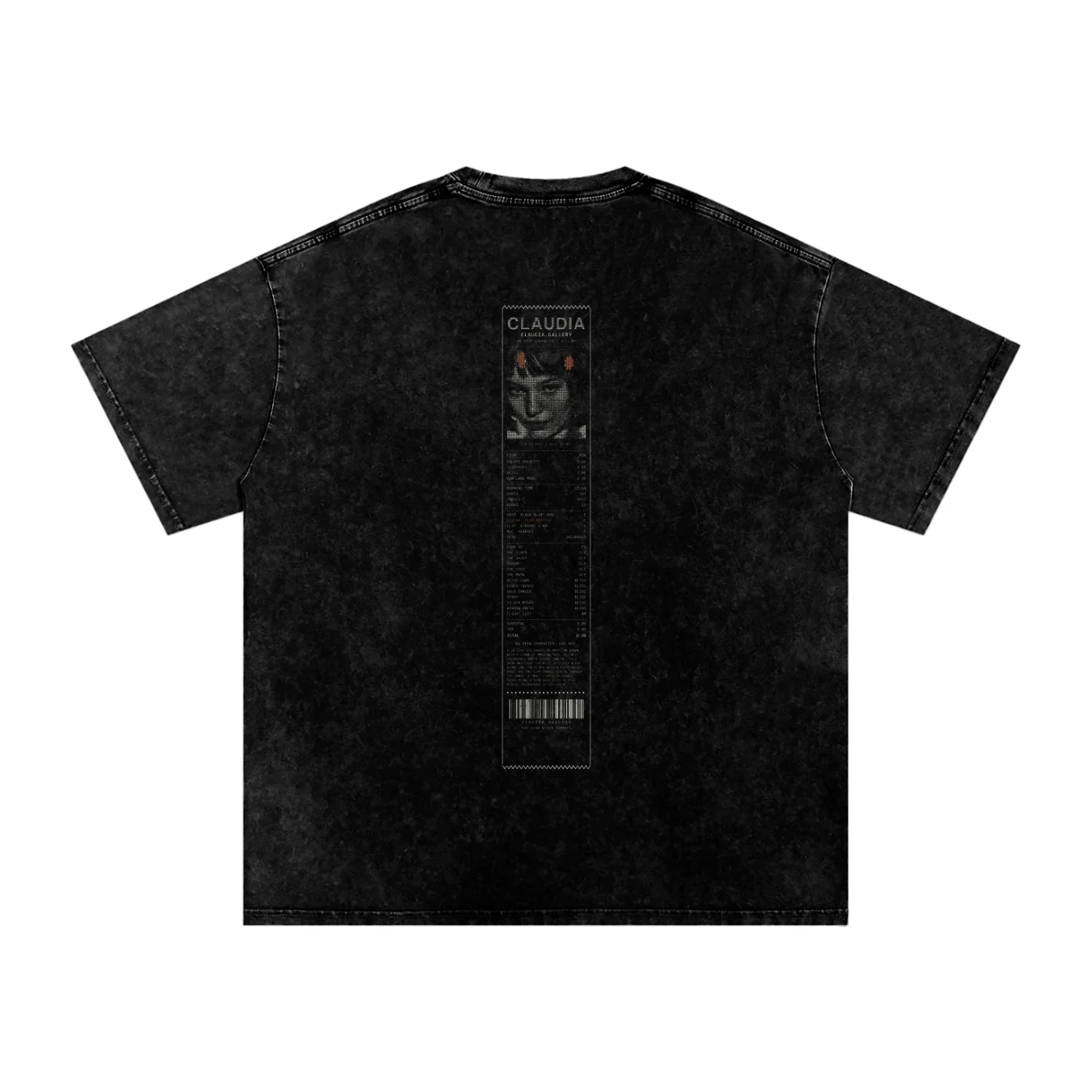 The Receipt shirt from the back: An 80 mm receipt down the spine: CLAUDIA in thermal dots, her face as a thermal print, the films, shots, images and looks as line items, a total of 0.00, and a barcode that scans.