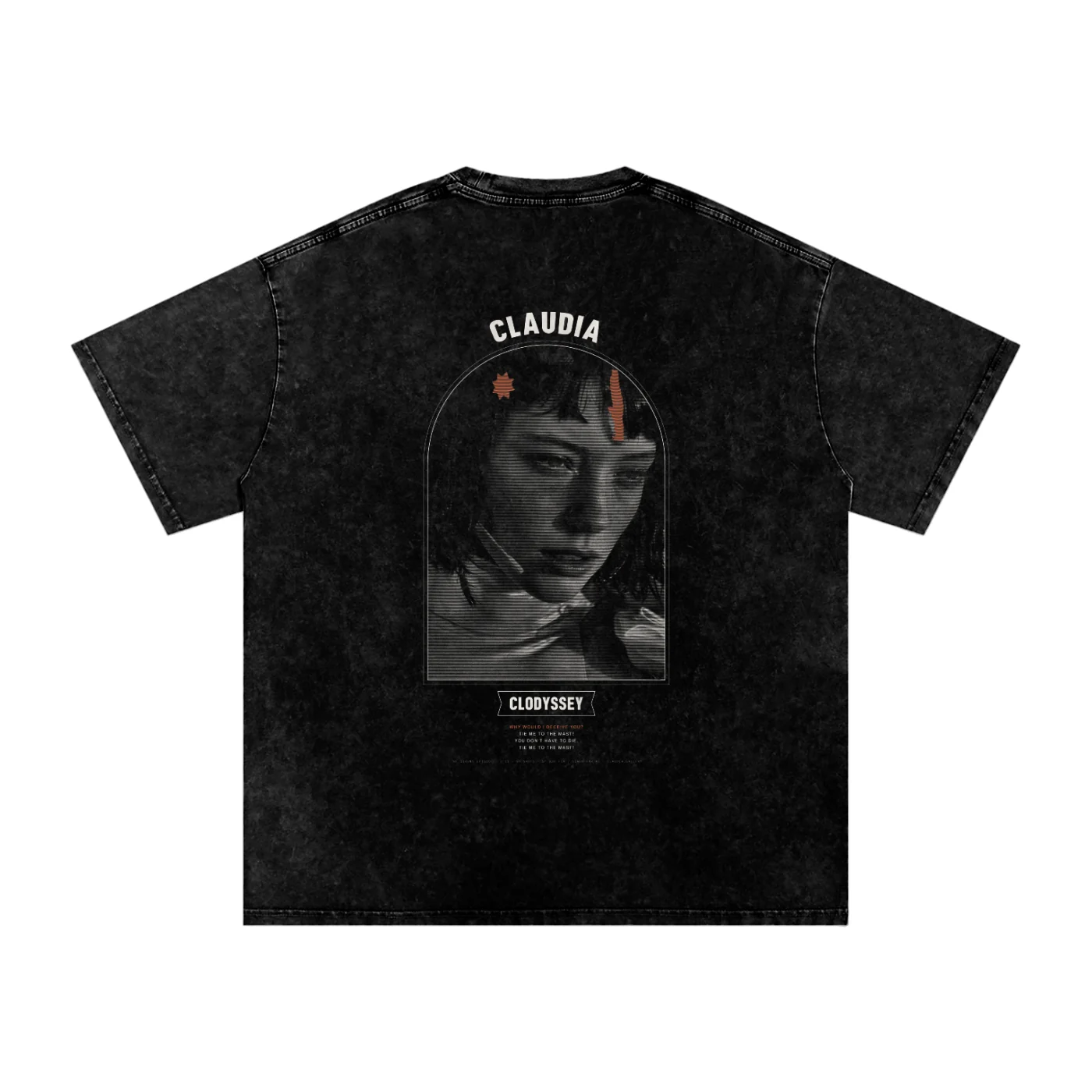 The The Siren shirt from the back: The Siren in her pearl-white gown, engraved inside an arched window, with CLAUDIA arched over it, CLODYSSEY on the plaque and the hook beneath.