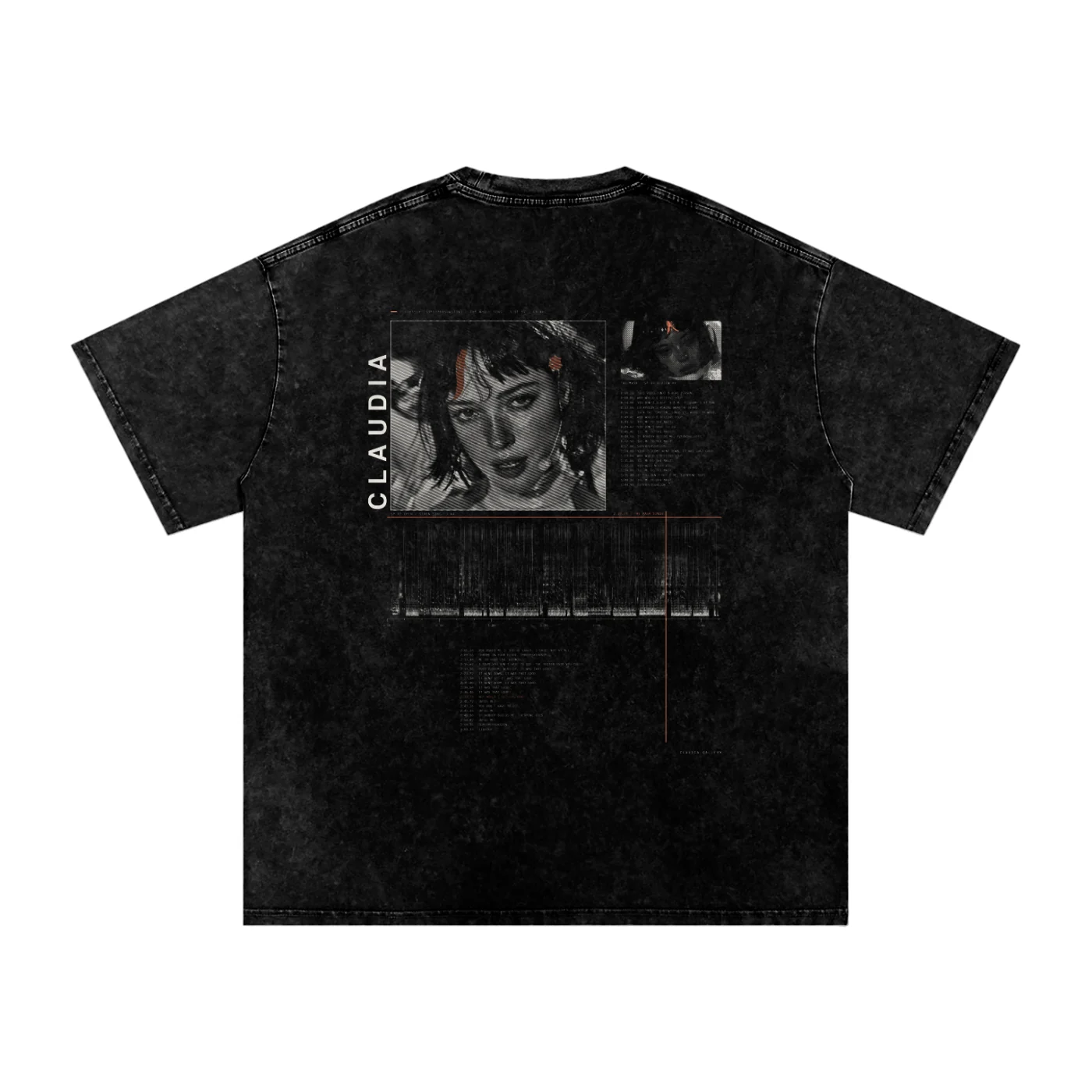 The The Song shirt from the back: All of CLODYSSEY as a spectrogram, the song’s lines with their times in the mix, the Siren singing as a line engraving, and the Mask’s line marked in clay.